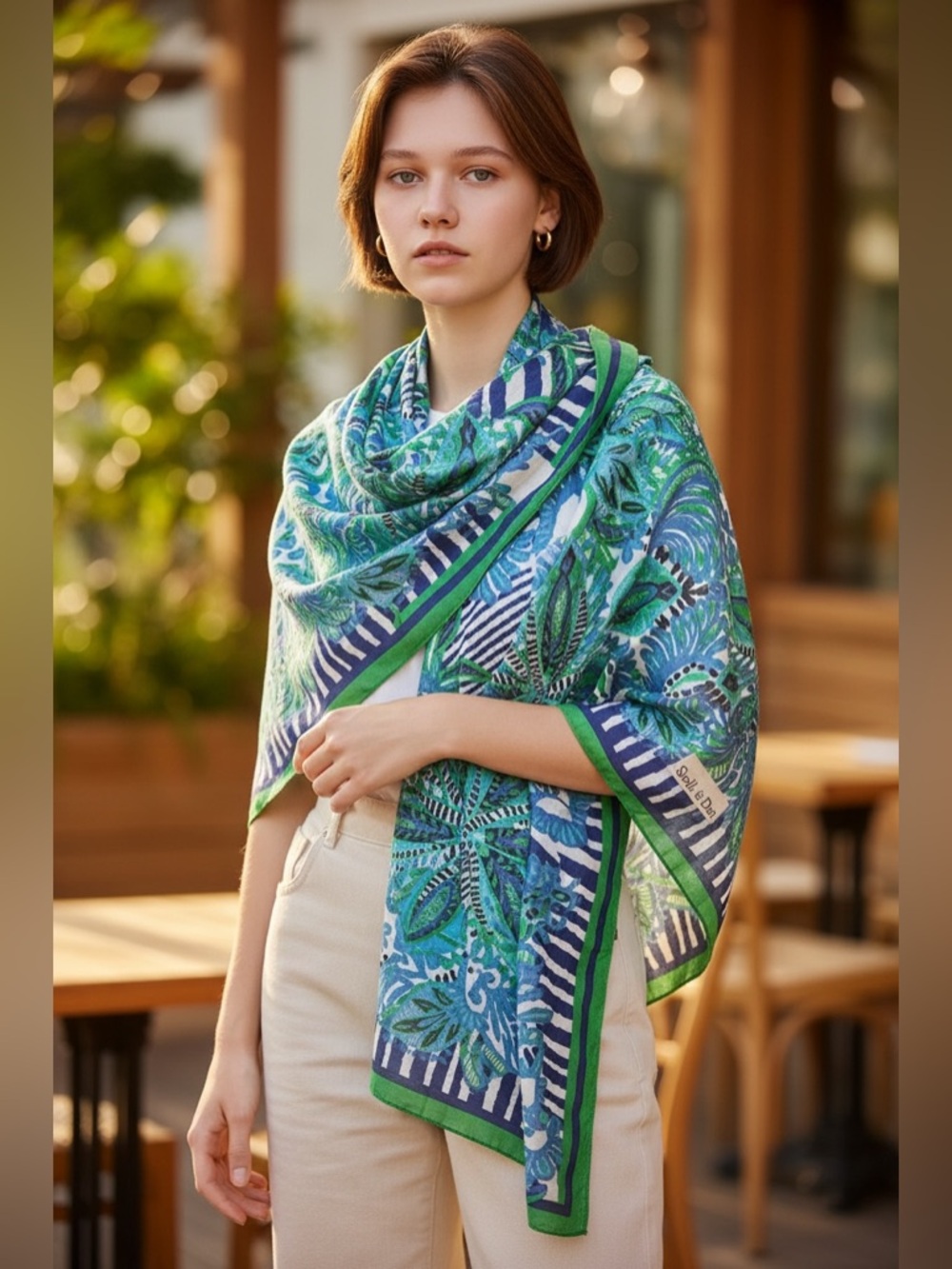 Stella & Dot Blue, Green & White Botanical Print Wrap with Storage Pouch (EUC)